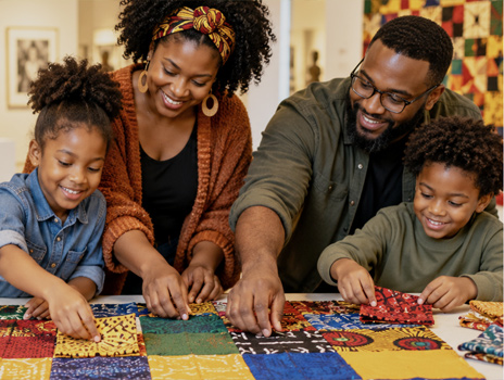 A family, including a woman and two boys, looks at informational papers while visiting an art gallery or museum.